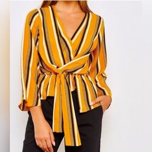 Topshop Tiffany Stripe Faux Wrap Tie Pullover Top Mustard Yellow - 6
